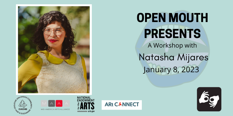Side by side photos of the featured reader outlined with a black line and displayed over a light blue background. Beneath the photo are the words "Open Mouth Presents: A Workshop with Natasha Mijares." Availability of sign language interpretation is indicated by the presence of an icon showing two hands signing in the bottom left corner.
Photo: The poet Natasha Mijares is visible from the bust up. She smiles with red lipstick on and wears gold framed glasses. She is wearing a lace dress with mustard colored sleeves and a scalloped hem. Photo by Rosario Zavala.