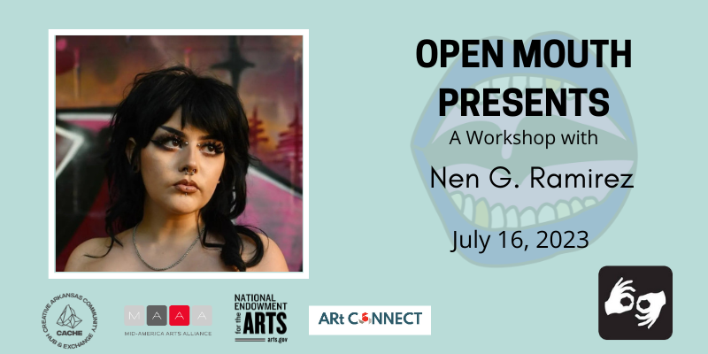 Photo of the featured reader outlined with a white line and displayed over a light blue background. Beneath the photo are the words "Open Mouth Presents: A Workshop with Nen G. Ramirez." Availability of sign language interpretation is indicated by the presence of an icon showing two hands signing in the bottom left corner.
Photo: The poet, Nen G Ramirez, visible from the shoulders up. They are looking into the distance. They have dark eye makeup and a septum, bridge, and lip piercing. They stand in front of a pink painted wall. Photo by Zach Oren